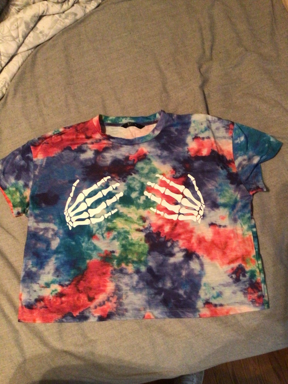 Multicolor Tie-Dye Crop Tee with White Skeleton Hands- Halloween Shirt